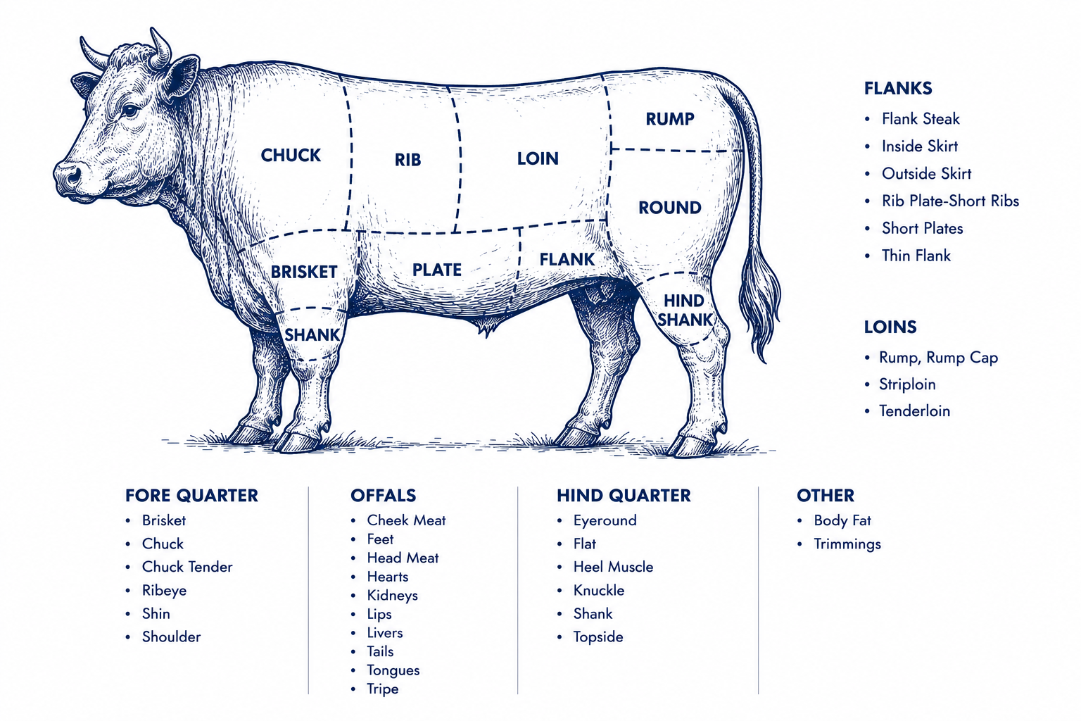 Beef cut diagram — chuck, rib, loin, round, brisket, plate, flank, and shank cuts